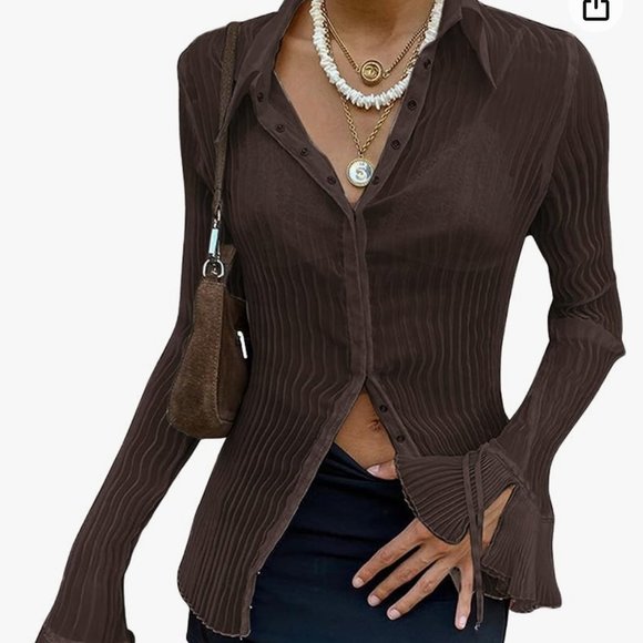 Apafes Women's flare-sleeve sheer button down top - Picture 1 of 4